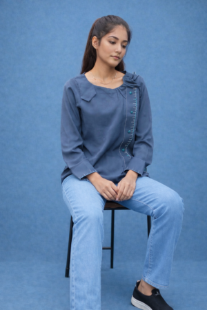 Slate Blue Button Detail Top