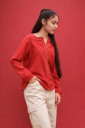 Crimson Charm Stitch Detail Top